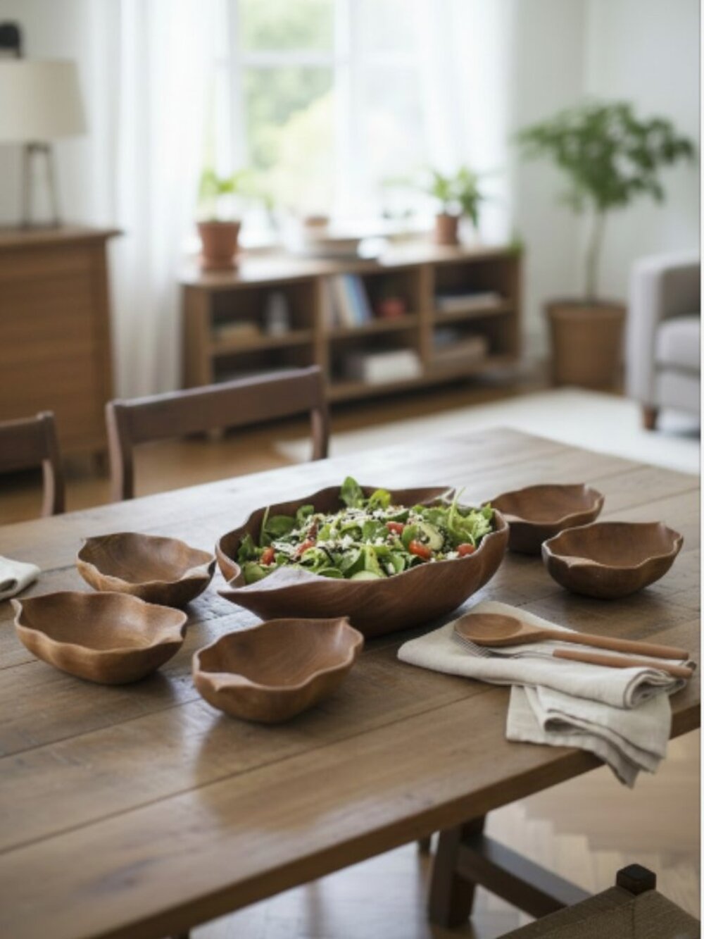 THAI TEAK/MONKEY POD ROOT SALAD BOWL SET -- Hand Carved, 1960s Thailand, Vintage